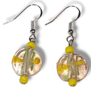 Sterling Silver‎ Yellow Flower Lampwork Glass Dangle Earrings 925 Hooks Boho